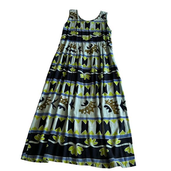 Java Lava Indonesian Rayon Flowy Earthy Beachy Blue Green Maxi Tank Dress L - Picture 1 of 10